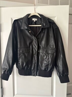 bohme Black Faux Leather Bomber Jacket with Patch Pockets